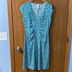 “5/$20” slinky V-neck teal and white stretchy dress size large